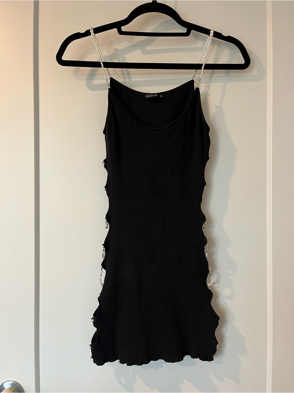 Black Ribbed Mini Dress with Pearl-Strap Details
